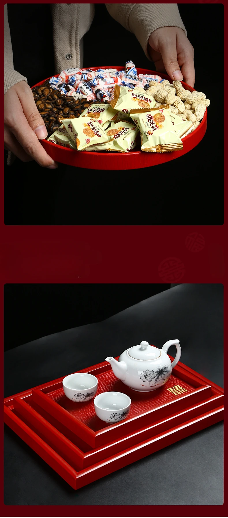 Description Picture 5 of item1pc Wooden Red Tray Wedding Supplies Living Room Dried Fruits, Snacks, Candy Plates Red Tea Tray Home Storage Decoration