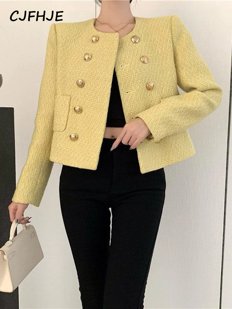 

CJFHJE Elegant Double Breasted Cropped Coats Fashion Casual Solid Tweed Jacket Spring Autumn All-match O-neck Long Sleeve Tops