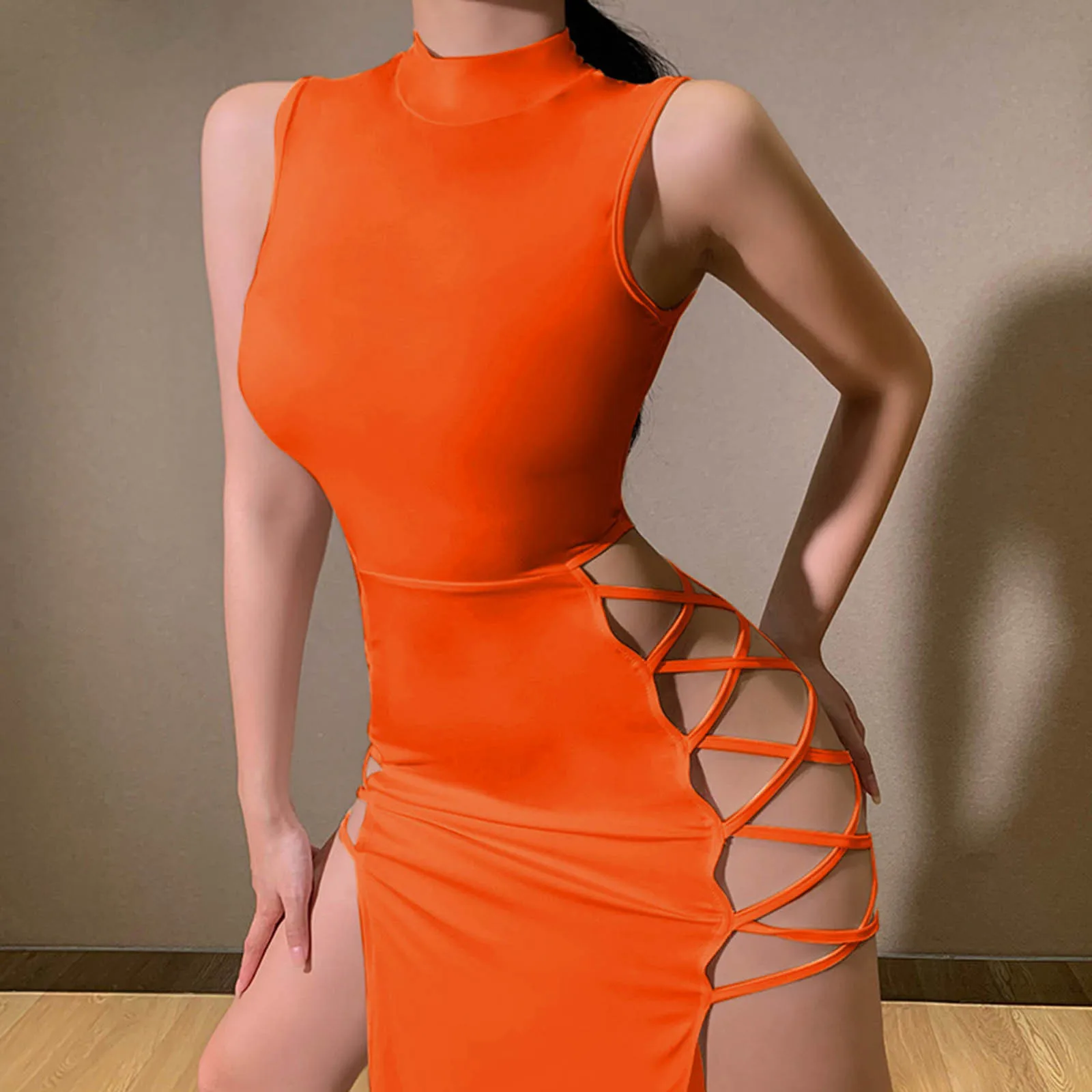 

Sexy Women Dress Round Neck Solid Sleeveless Dress Side High Slit Hollow Personality Dress Club Party Skinny Tank Dresses