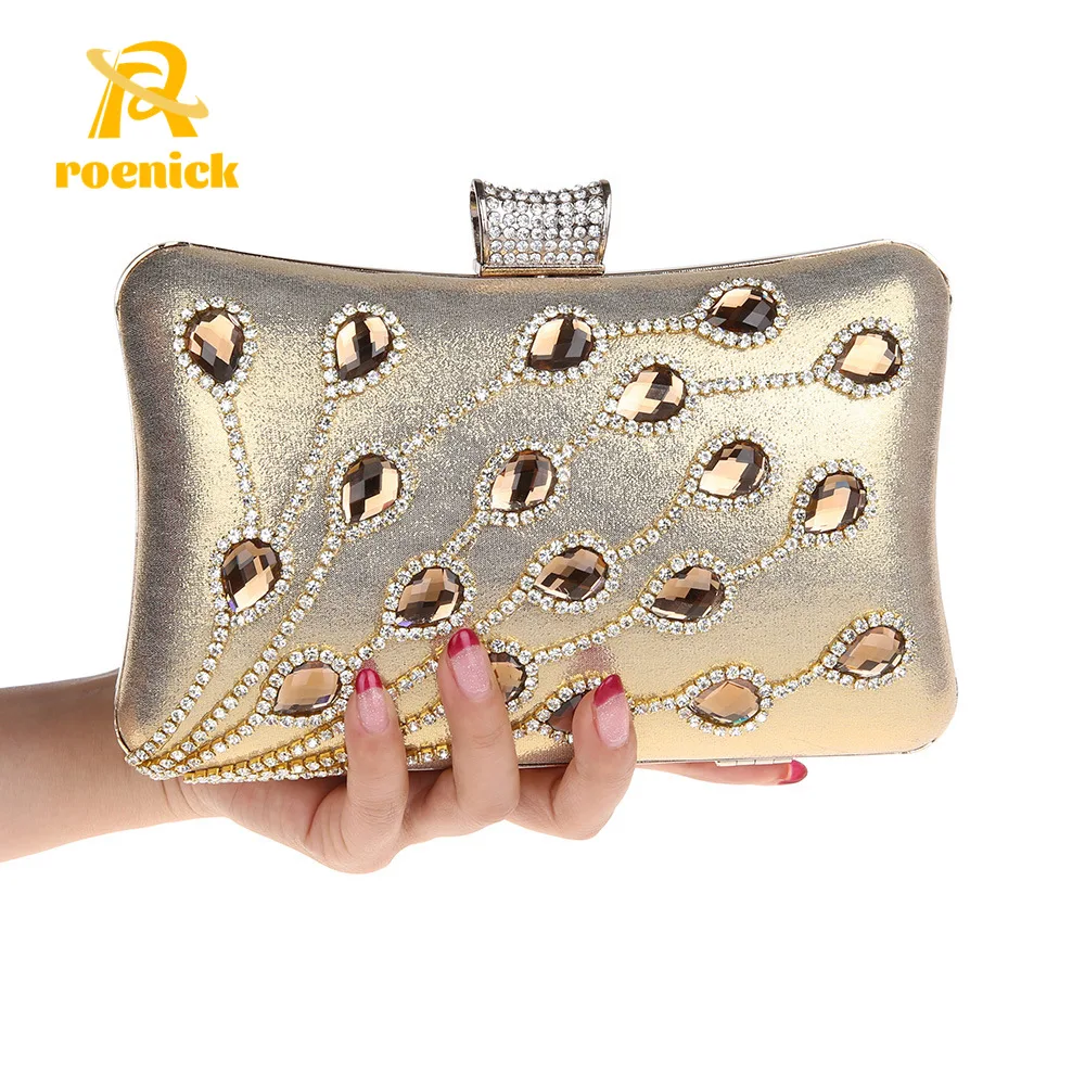 

ROENICK Women Designer Diamonds Evening Bags Beaded Rhinestone Gold Silver Handbags Purses Female Wedding Cocktail Shoulder Tote