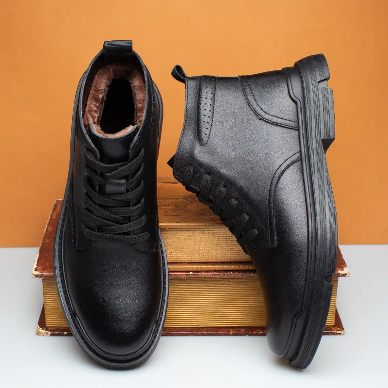 100% Genuine Leather Men Autumn Winter Boots Thick Sole Warm Cow Leather Ankle Boots