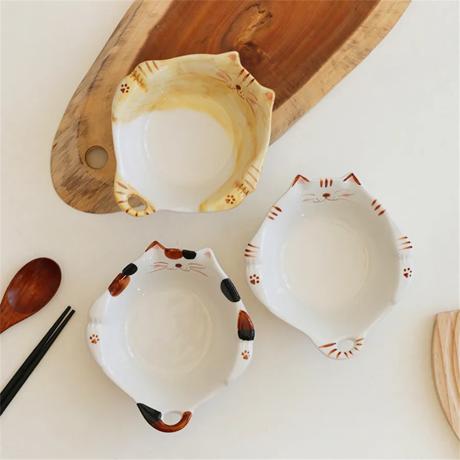 Ceramic Salad Bowl 330ml/11oz Creative Hand Drawn Kitten Bowl Cute Fruit Salad Bowl
