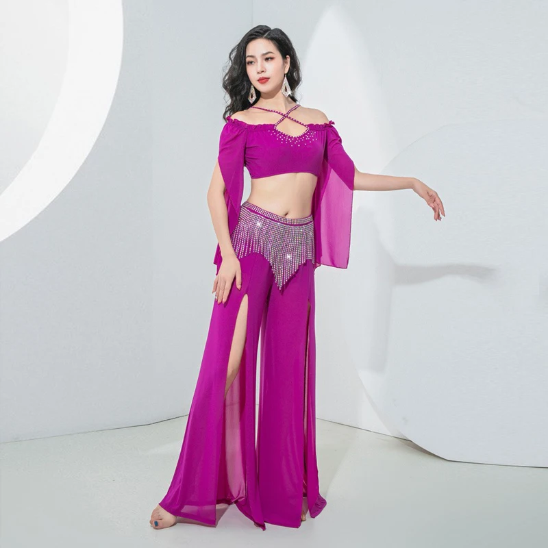 

Belly Dance Costume for Women Long Sleeves Top+AB Stones Tassel Pants Oriental Practice Clothing Adult Belly Dancing Outfit