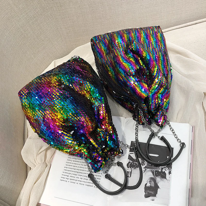 Sequin Crossbody Purse Shoulder Bags Rainbow Stylish Handbag Reversible  Pouch with Chains for Girls Womens