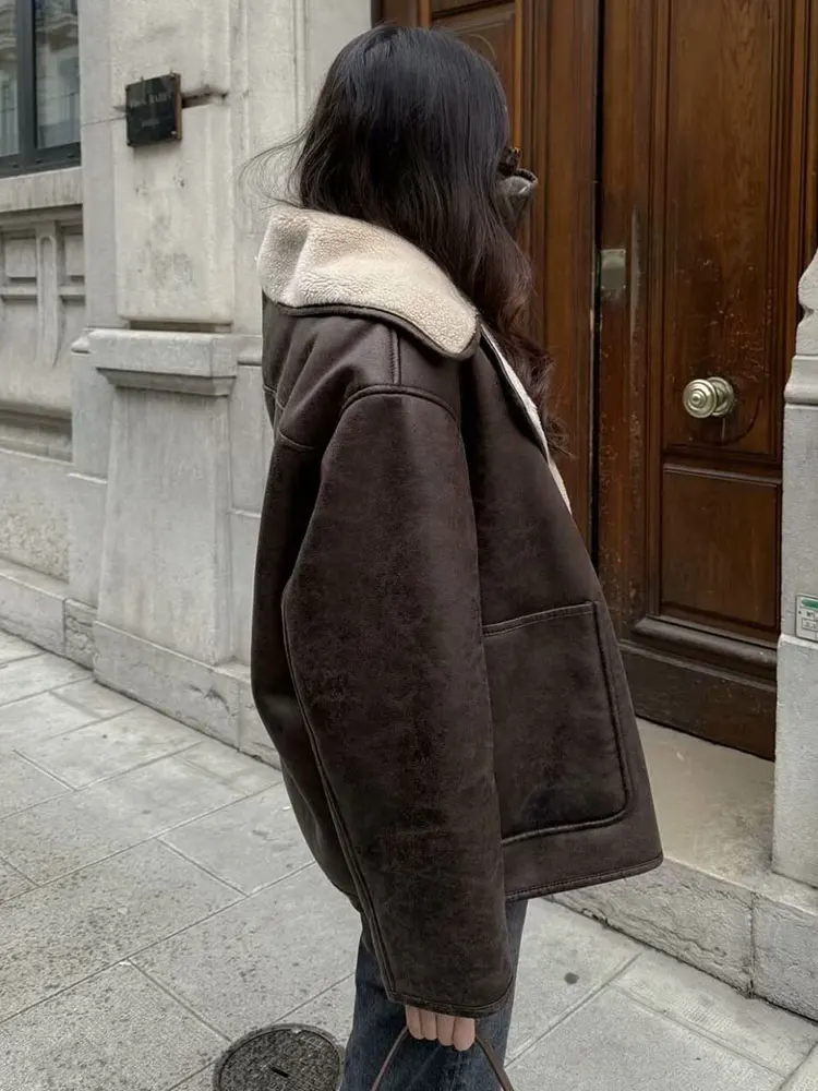 HH Autumn Winter Women Warm Faux Leather Jacket Single Breasted Long Sleeve Lapel Pockets Coats Female Casual Fleece Outerwear