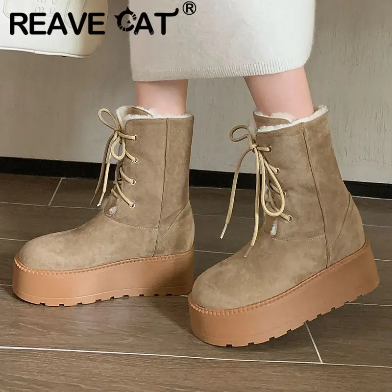 

Женские сапоги из натуральной кожи REAVE CAT, зимние уличные сапоги на толстом каблуке 5,5 см с круглым носком и шнуровкой