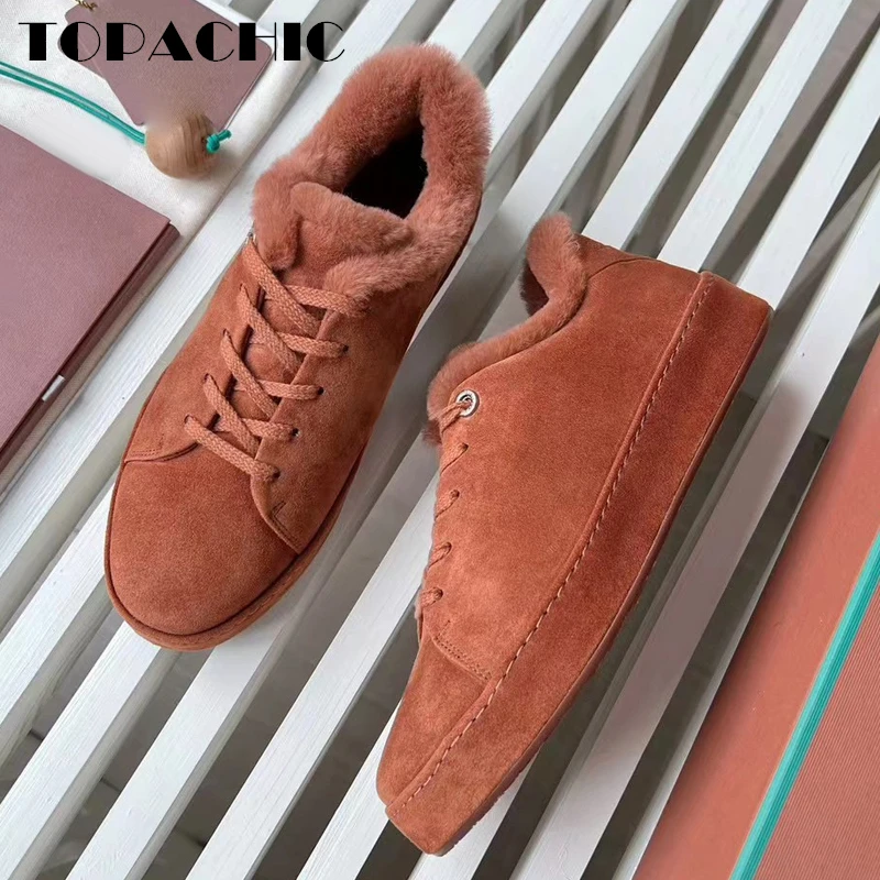 

11.14 TOPACHIC Women's Cow Suede Keep Warm Thicken Casual Comfortable Shoes Lace-Up Wool Round Toe Vulcanize Shoes