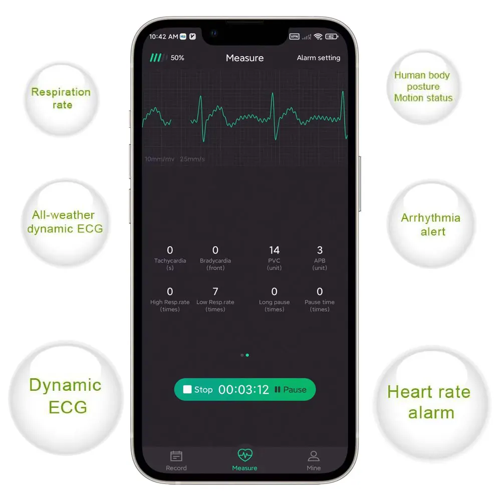 Bluetooth 24 Hours Wireless Holter Wearable ECG Monitoring Chargeable EKG Portable Heart Rate Monitor Arrhythmias Warning