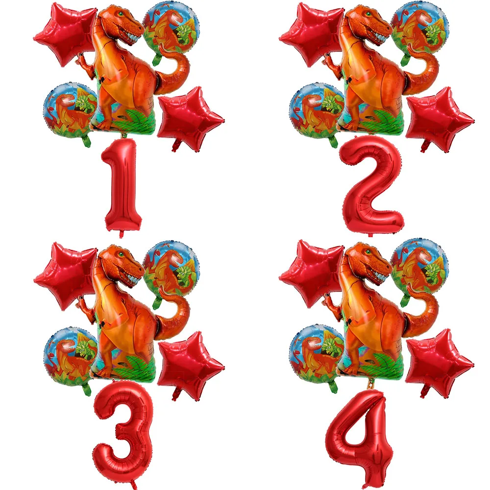 6Pcs Dinosaur Party Balloons Set 32inch Red Number Balloon T-Rex Tyrannosaurus Rex Dinosaur for Birthday Party Decorations