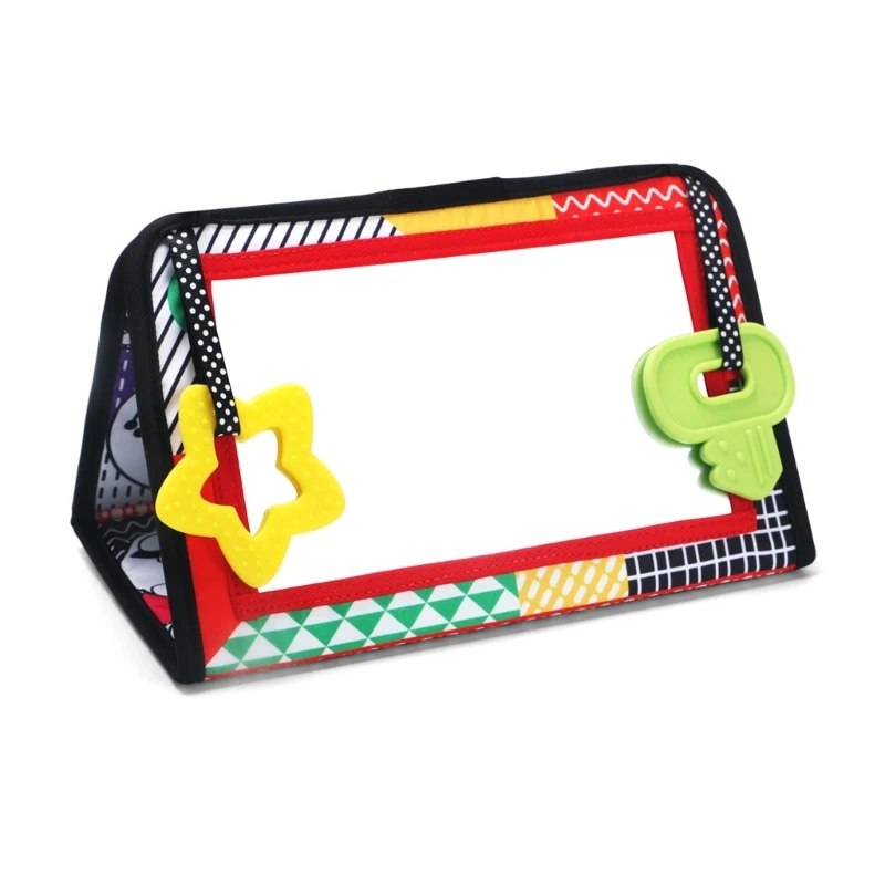 

Y1UB Tummy Time Mirror Toy Baby Book with Teether, High Contrast Montessori Sensory Toy Newborn Cloth Book Toy for 0-6 Months
