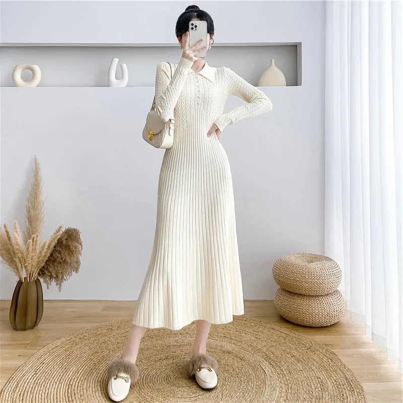 Ribbed Autumn Knit Long Dress For Women Fashion High Waist Elegant Solid Long Sleeve Dress Lapel Loose Knitwear Maxi Dress