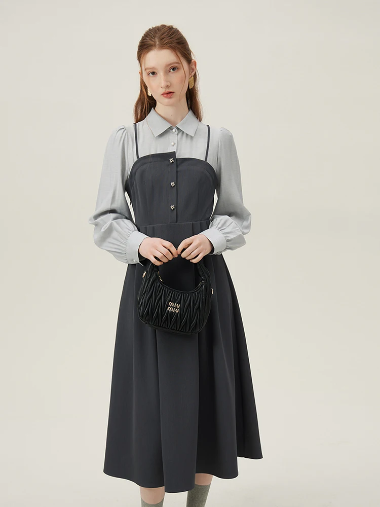 

FSLE Grey Blue Fake Two Piece Sweet 2024 Spring Long A-LINE Pleated Design Dresses Polo Neck Puff Sleeve Dress 24FS11144