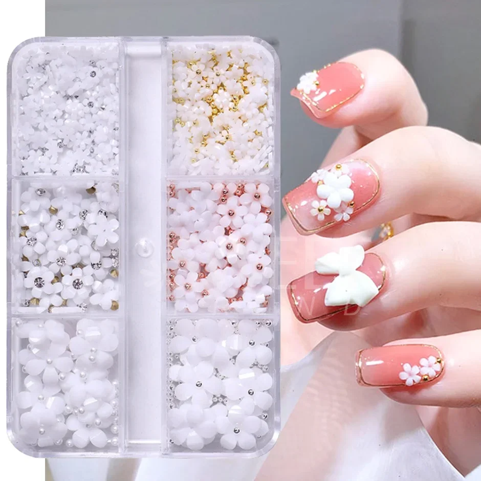 6 Grids Nail Art Decoration Pink White Acrylic Flower Charms with Beads Gem Rhinestone Jewely DIY Parts for Accessories Tools