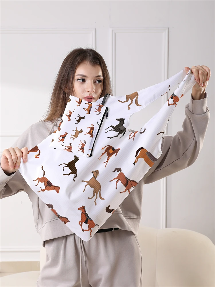 Ladies' Foldable Cartoon Steed Pattern Large Shopping Bag Foldable Storage Reusable Easy to Carry Capacity Handbag
