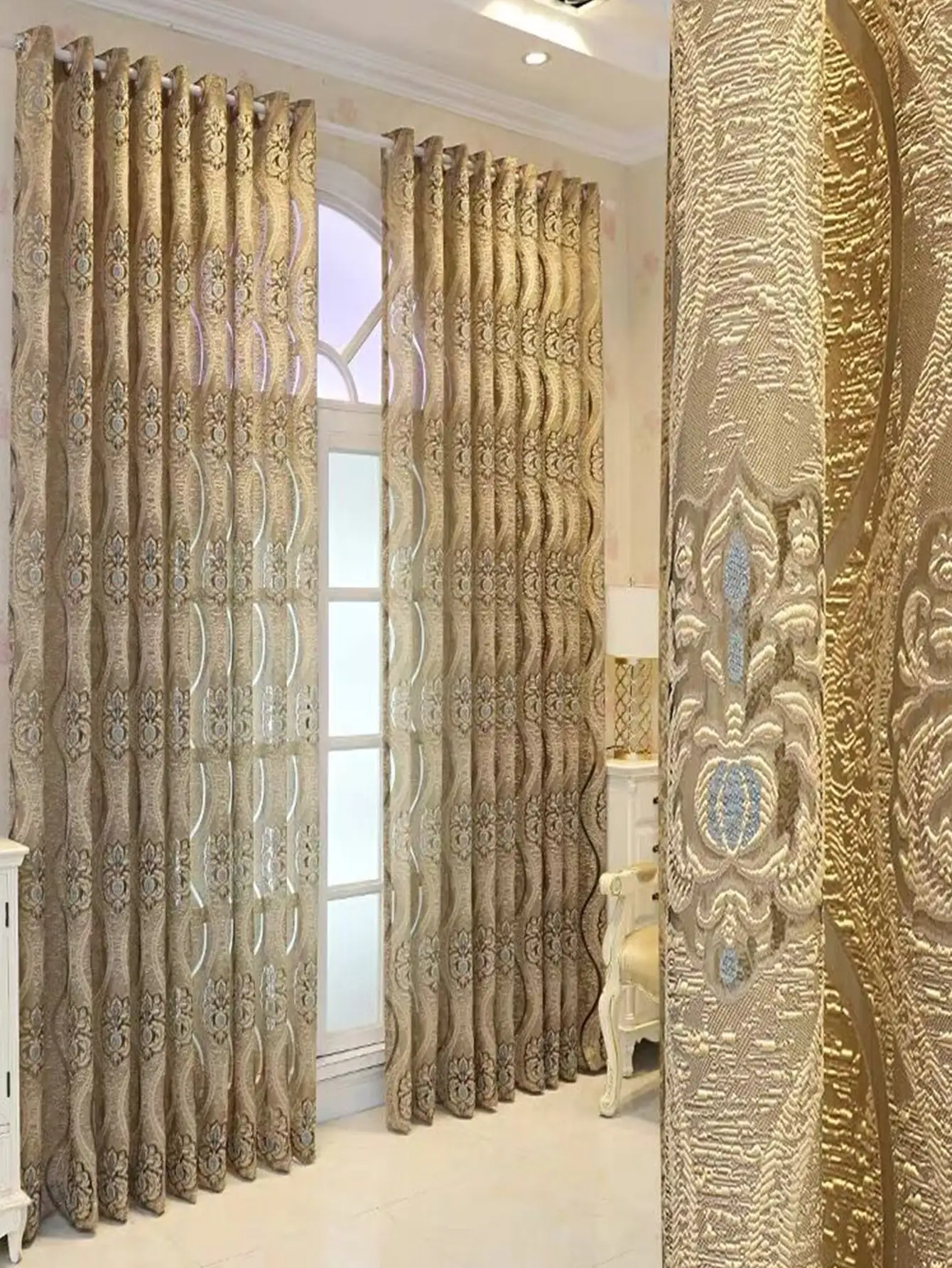 European Curry Eight Wave Perforated Curtains Living Room Bedroom Blackout Decorative Curtains Party Decoration