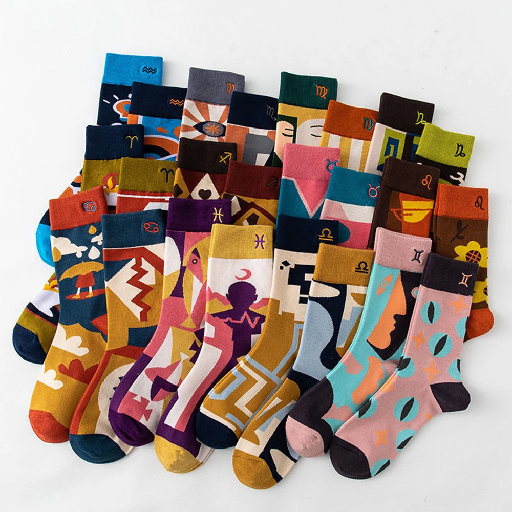 2Pairs Creative Constellation Women Socks Novelty Fashion Pattern Color Men Socks Comfortable Breathable New Lovers Cotton Sock