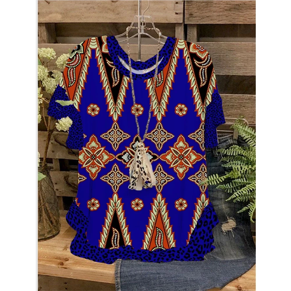 

Women Tops T-Shirts 3D Ruffled O-Neck Vintage Printing Short Sleeves Loose Casual T-Shirts Summer Streetwear