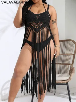 2025 Women Strapped Plus Size Cove Up Solid Tassels Large Big Tunic Lady Chubby Beach Dress Brazilian Hollow Swimsui`t Cover-Ups