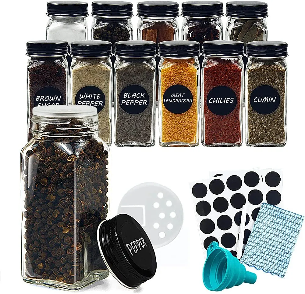 Barattoli per spezie in vetro da 12 pezzi con etichette per spezie barattoli per spezie quadrati vuoti-coperchi in metallo sigillati per tazza shake-imbuto pieghevole in silicone  15