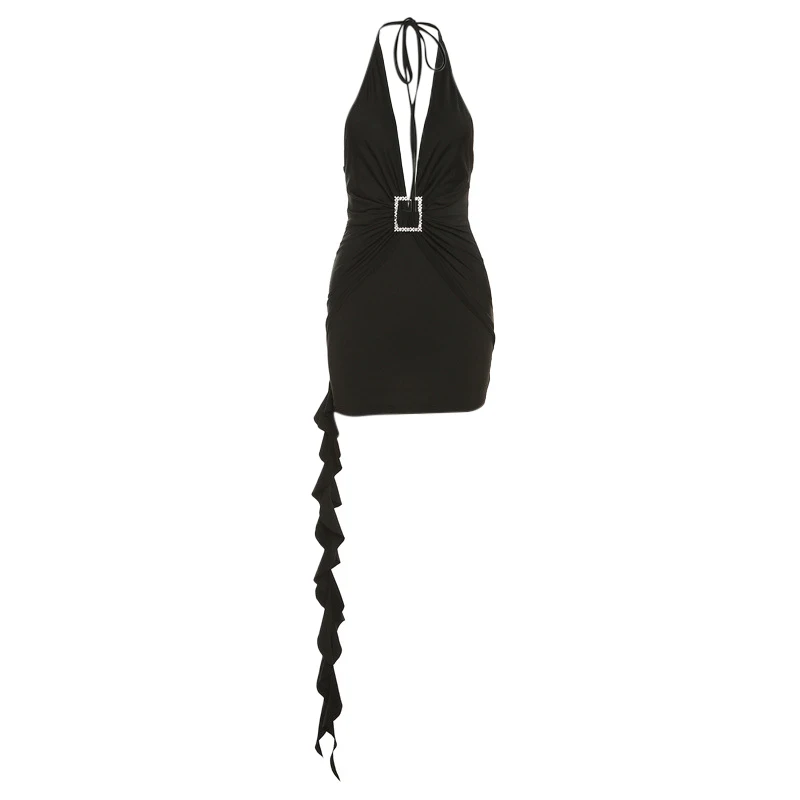 Vestido halter Y2K para mujer, ropa de verano, color sólido, sin mangas, espalda descubierta, dobladillo con volantes, vestido ajustado para salir y fiesta.
