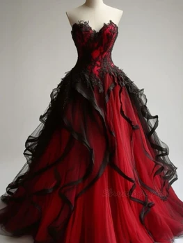 Abito da sposa rosso e nero Abito da sposa gotico in tulle con volant Colore personalizzato Sweetheart senza maniche Vestido De Novia