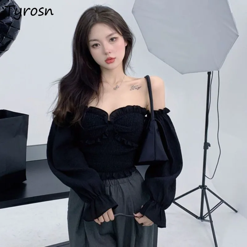 

Slash Neck Black Shirts Women Slim Short Sexy Hot All-match Spring Summer Tops Chic Popular Ulzzang Streetwear Attractive Mujer