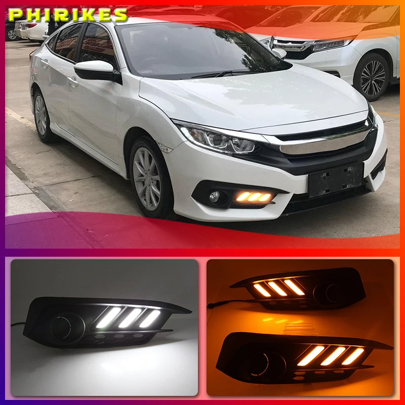 

Автомобильный 1 комплект для Honda Civic 10, 2016, 2017, 2018, светодиодные дневные ходовые огни, дневсветильник огни, желтый указатель поворота, Стайлинг