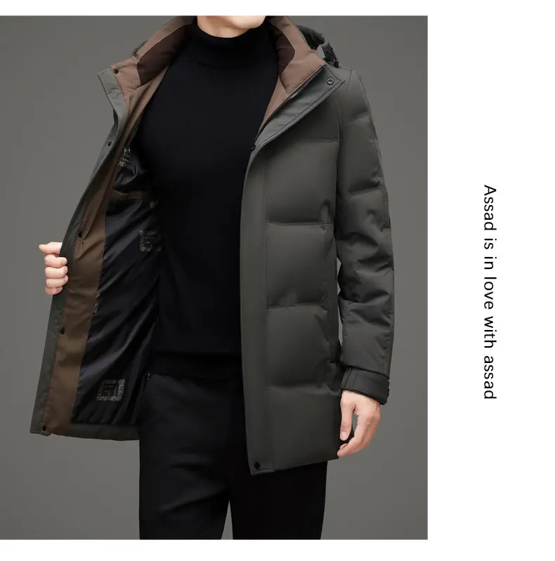 Business Casual Kapuzen-Enten-Daunenjacke 2025, Winter, warme Mütze, abnehmbarer mittellanger Puffermantel, Oberbekleidung, winddicht, gepolsterte Kleidung – Detail 17