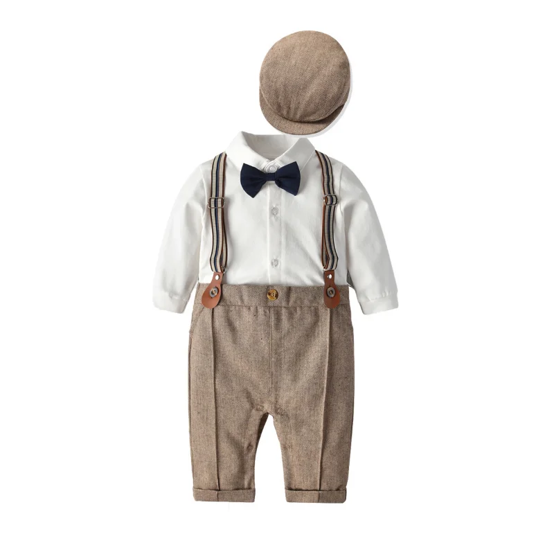 

Spring and Autumn New Children's Clothing Infant and Young Children's British One piece Climbing Gentleman Hat One Year Old Set