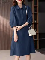 ZANZEA Women Cotton Shirt Dress 2024 Summer Lapel Neck Dresses Korean Office 3/4 Sleeve Midi Vestidos Elegant Solid Buttons Robe - Image 2