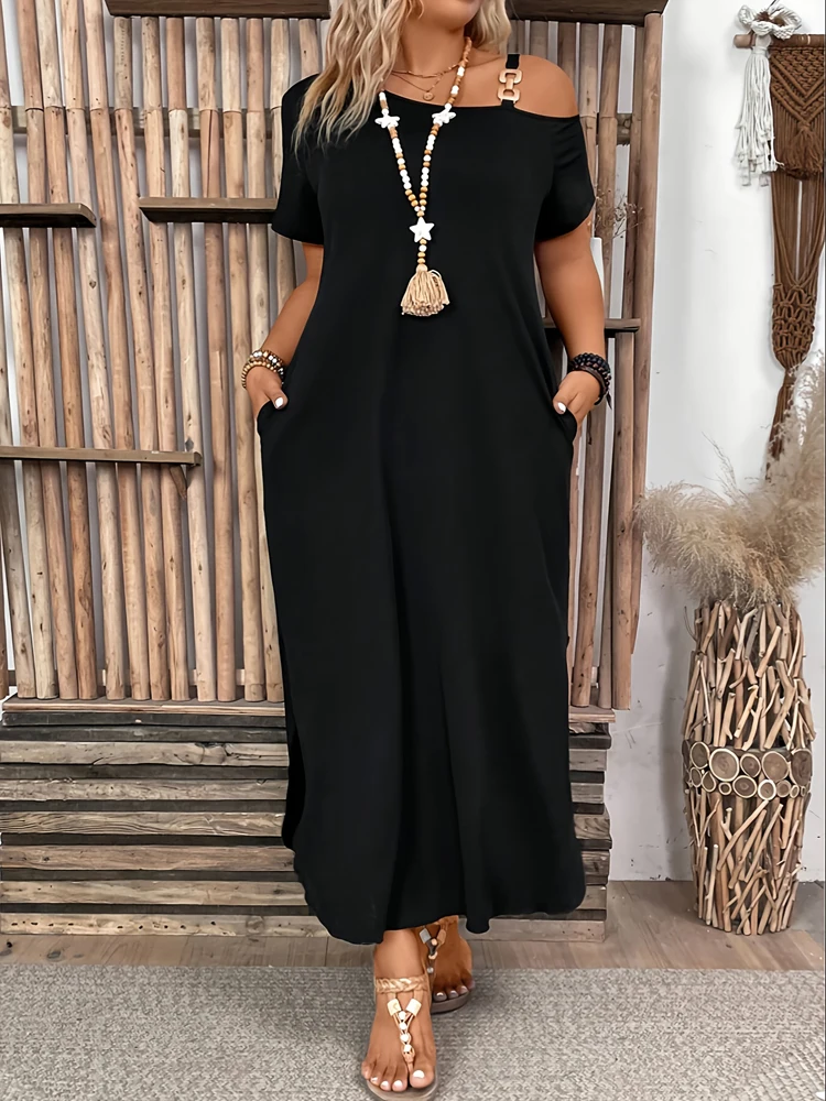 فستان مقاس كبير أنيق بفتحة معدنية وكتف واحد وأكمام قصيرة مقاس كبير فستان نسائي للمنزل والمكتب والمواعدة