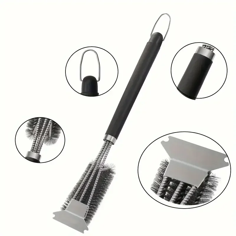 Grill brush 1 piece professional three-end barbecue brush with spatula stainless steel bristles long handle