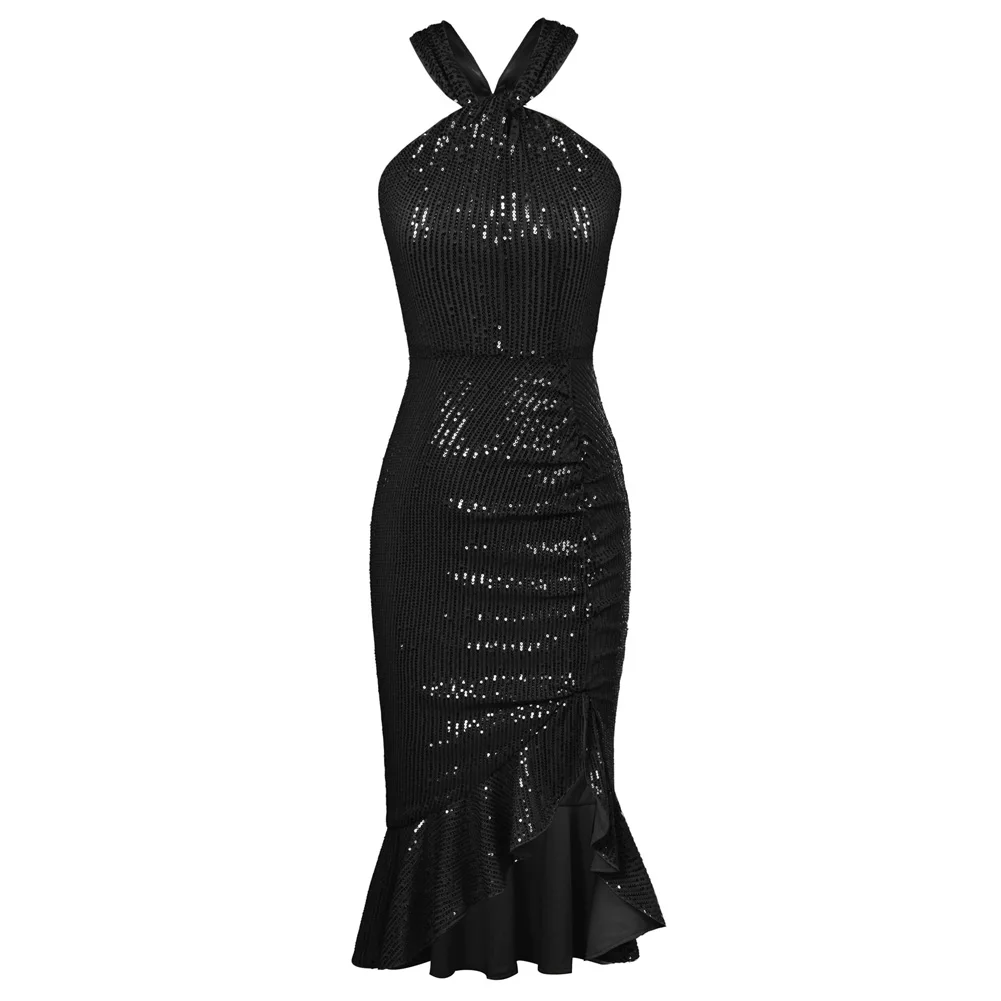 

GK Women's Halter Sequin Dress Sleeveless Ruffle Midi Cocktail Party Dress Bodycon Split Mermaid Dresses Office Lady Outfits