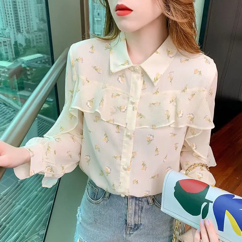 Spring Summer New Fashion Floral Printing Shirt Women High Street Casual Button Flying Sleeve Cardigan Ruffles All-match Tops