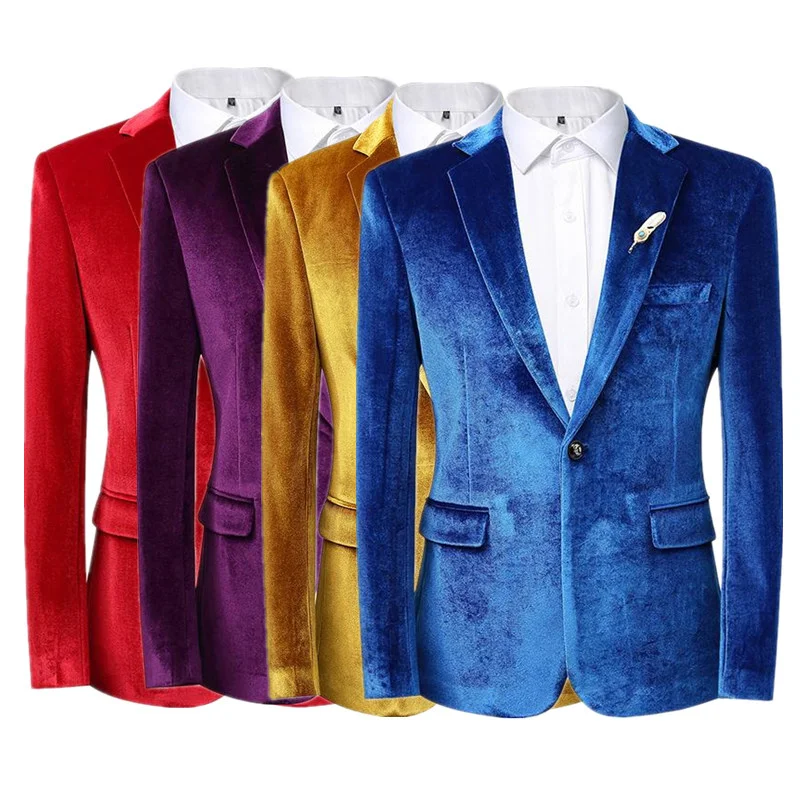 Fashion Men Business Social Luxury Golden Velvet Suit Slim Fit Jacket Homme Wedding Prom Party Dress Single Button Blazers