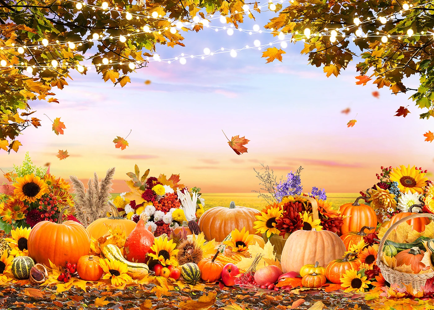 

Fall Thanksgiving Photography Backdrop Autumn Maple Leaves Backgound Pumpkins Harvest Party Decor Photobooth Studio Props