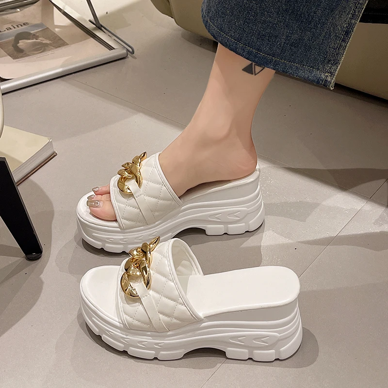 Women Sandals Chain Wedges Slippers High Heels Shoes Summer Luxury Open Toe Flip Flops Beach Pumps Mujer Slides