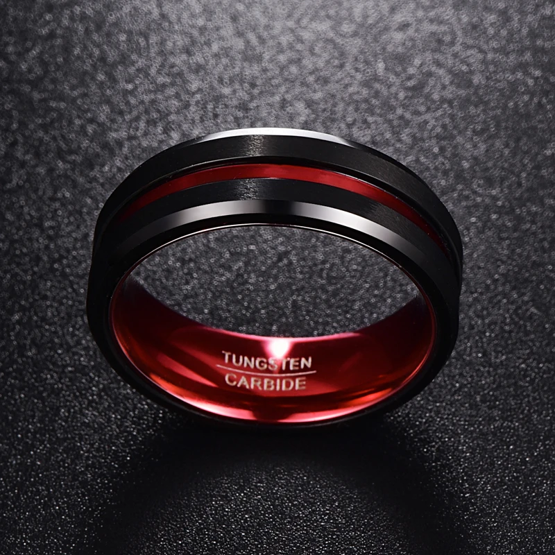 BONLAVIE Men's 8MM Black and Red Tungsten Carbide Ring Matte Finish Beveled Edges Size 7 To 16  For Men and Women 3