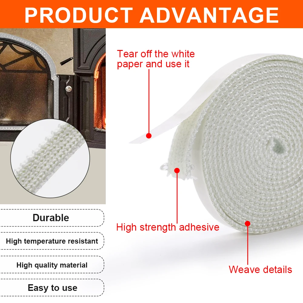 White Flat Stoves Rope Self-Adhesive Fiberglass Fireplace Chimney Door Sealing Cord Replacement Gasket Tape 2m/3m 10mm/15mm