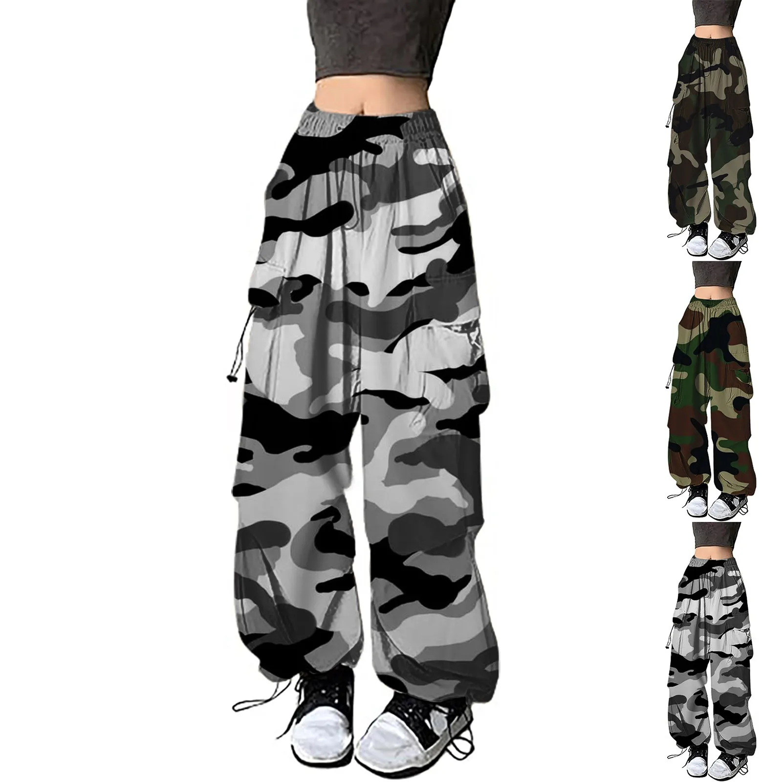 Stretchy Waist Womens Baggy Cargo Pants Y2K Streetwear Hip Hop Joggers Sweatpants Casual Loose Camouflage Wide Leg Trousers