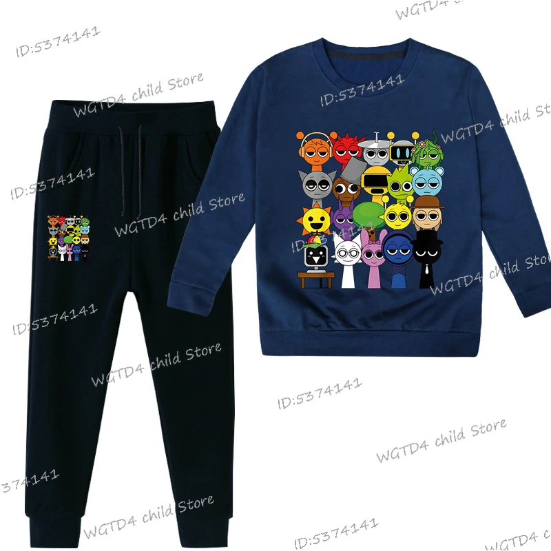Spring Boys Girls Anime Sprunki Suit Funny Game Figure Print Sweatshirt Long Sleeve Pullovers+Fashion Sprunki Trousers 2pc Sets 5