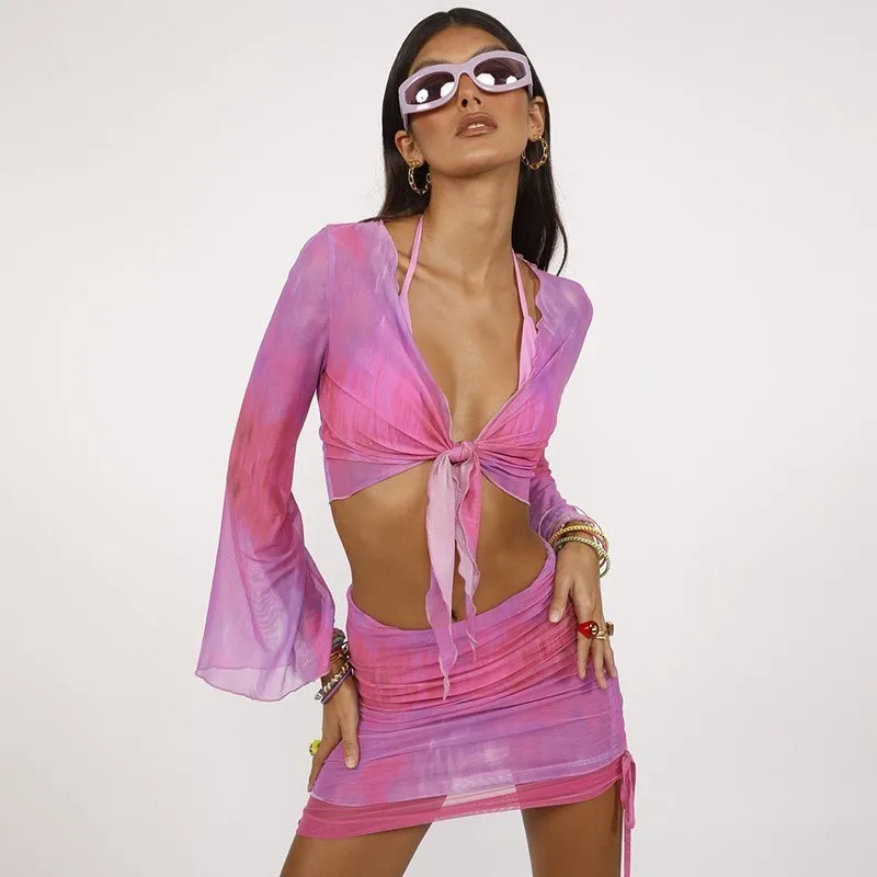 Sexy Two Piece Set Multi Color Tie Dye Mesh Crop Top Cardigan Mini Skirts Beach Wear Vacation Outfits Summer 2024 Dress Holiday