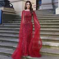 Luxury Mermaid Evening Dress with Cape Sleeves for Women 2026 Elegant O Neck Beaded Formal Prom Wedding Party Gowns Customized - Image 2