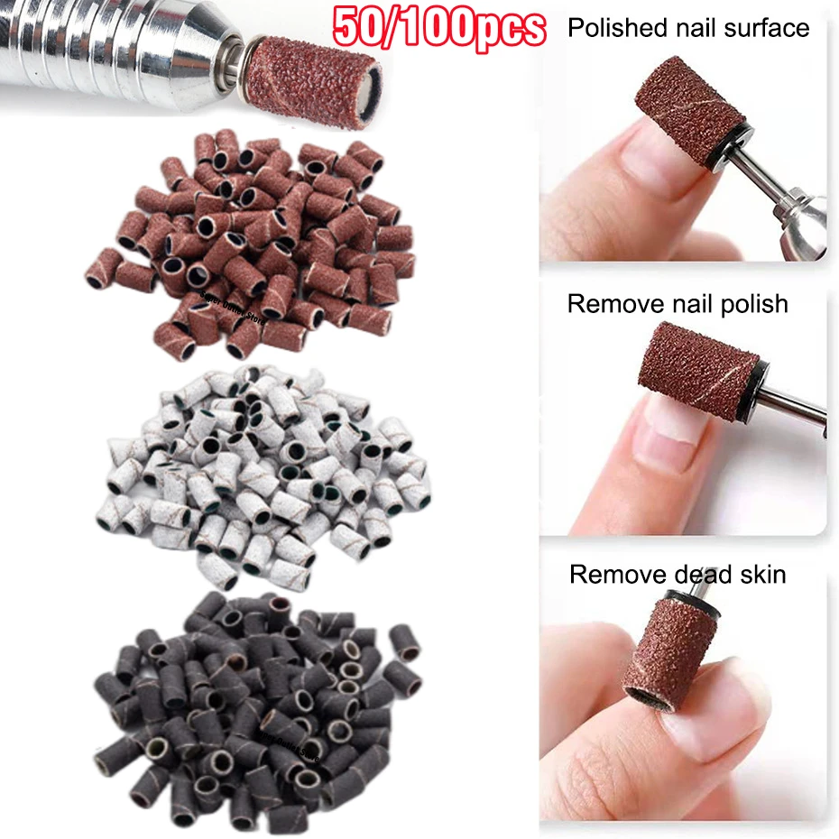 100Pcs/box Sanding Bands With Metal Shaft Set Nail Drill Bits For, nail