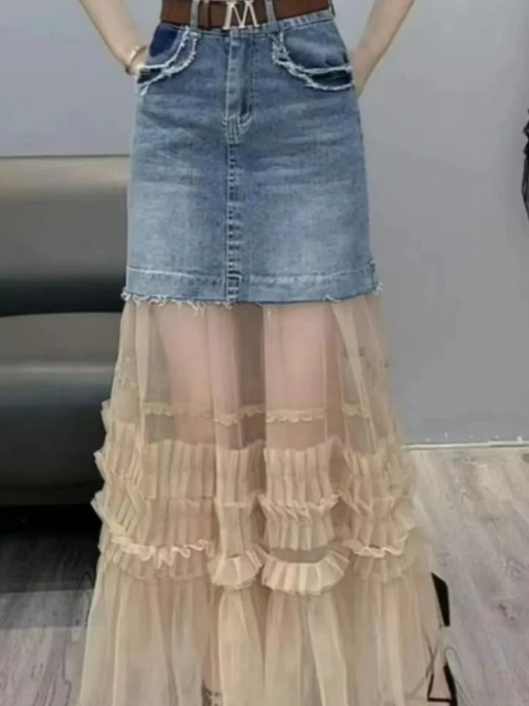 2024 Patchwork Mesh Denim Skirt for Women's Mid Length Summer Versatile Slimming High Waisted A-line Wrapped Hip Skirt