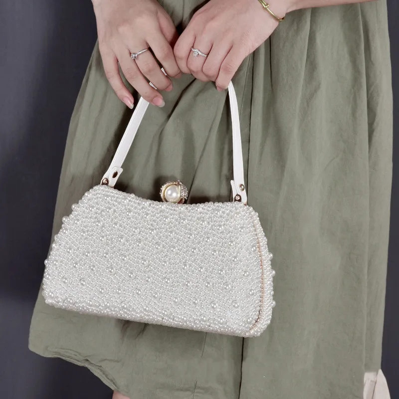 Ladies Elegant Crossbody Purse Elegant Full Pearl Handbags Women White Evening Clutches Vintage Wedding Banquet Shoulder Pouch