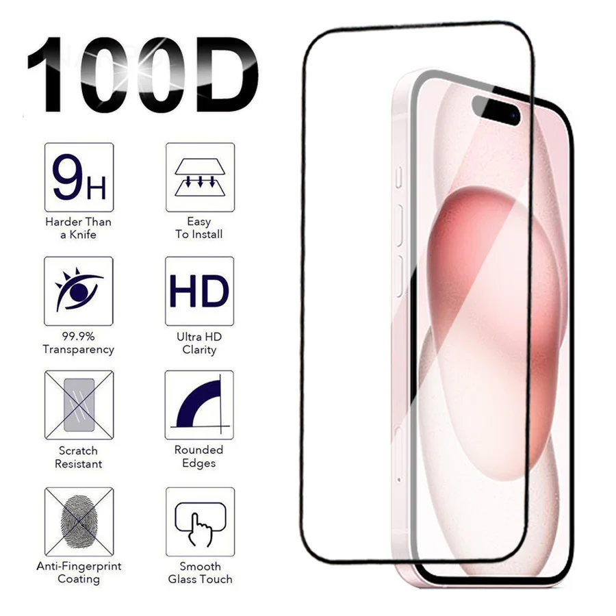 100D Full Tempered Glass Per Apple Iphone 15 Plus Screen Protector Iphone 15 14 Pro 13 12 Mini 11 X Xr Xs Max Pellicola Protettiva
