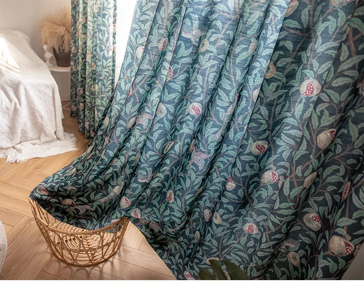 curtain designs American Curtains for Living dining Room Bedroom Retro Dark Green Pomegranate Flower and Bird Imitation Cotton and Linen Curtain blue curtains