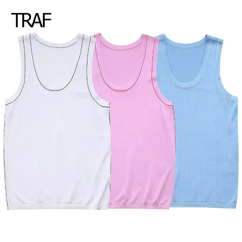 

TRAF O-Neck Sleeveless High Spandex Top Women's Vest Spring Summer 2024 Knitted Contrast Vests New In Vest Elegant Casual Vests