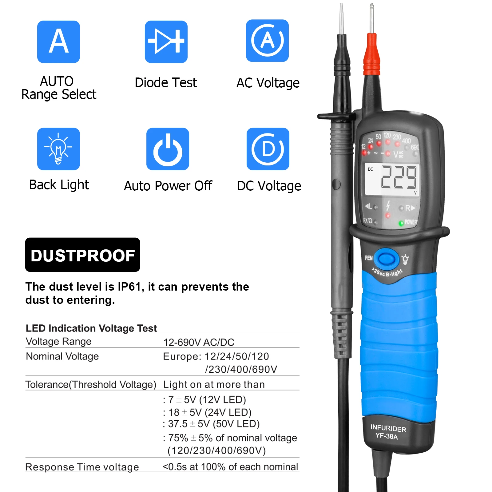 Professional Voltage Tester - AC/DC Detector 12V-690V, Continuity Tester, IP65 Waterproof, LCD Display - View #5